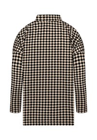 Langarmhemd in Beige und Schwarz mit einem diamantförmigen Muster. Hat einen Stehkragen und eine lockere Passform, gefertigt aus einem strukturierten Stoff.