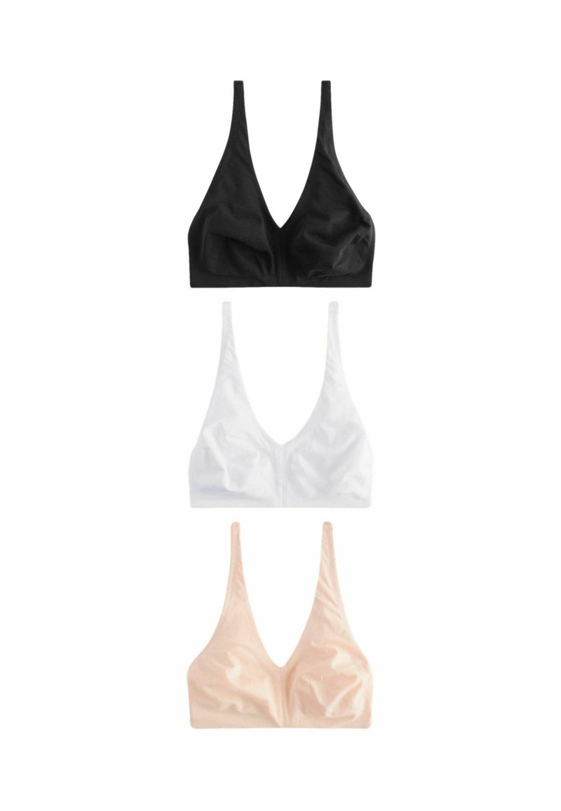 Tres bralettes en negro, blanco y beige. Cada una cuenta con un diseño de escote en V, tirantes anchos y una textura suave y lisa.
