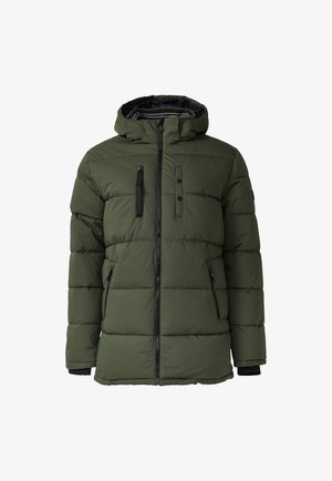 Grüne Pufferjacke mit einem Reißverschluss vorne, Kapuze und zwei seitlichen Taschen. Verfügt über genähte Abschnitte und schwarze Akzente am Reißverschluss und an den Bündchen.
