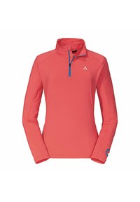 Rode pullover met lange mouwen en ritskraag, blauwe rits en logo-accenten. Glad stofoppervlak, getailleerd ontwerp, geschikt voor sportieve kleding.