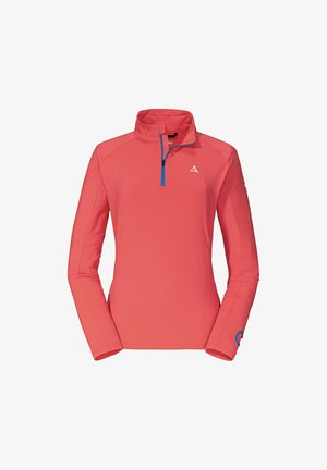 Pull-over rouge à manches longues avec col zippé, zip bleu et accents de logo. Texture de tissu lisse, design ajusté, adapté pour les vêtements de sport.