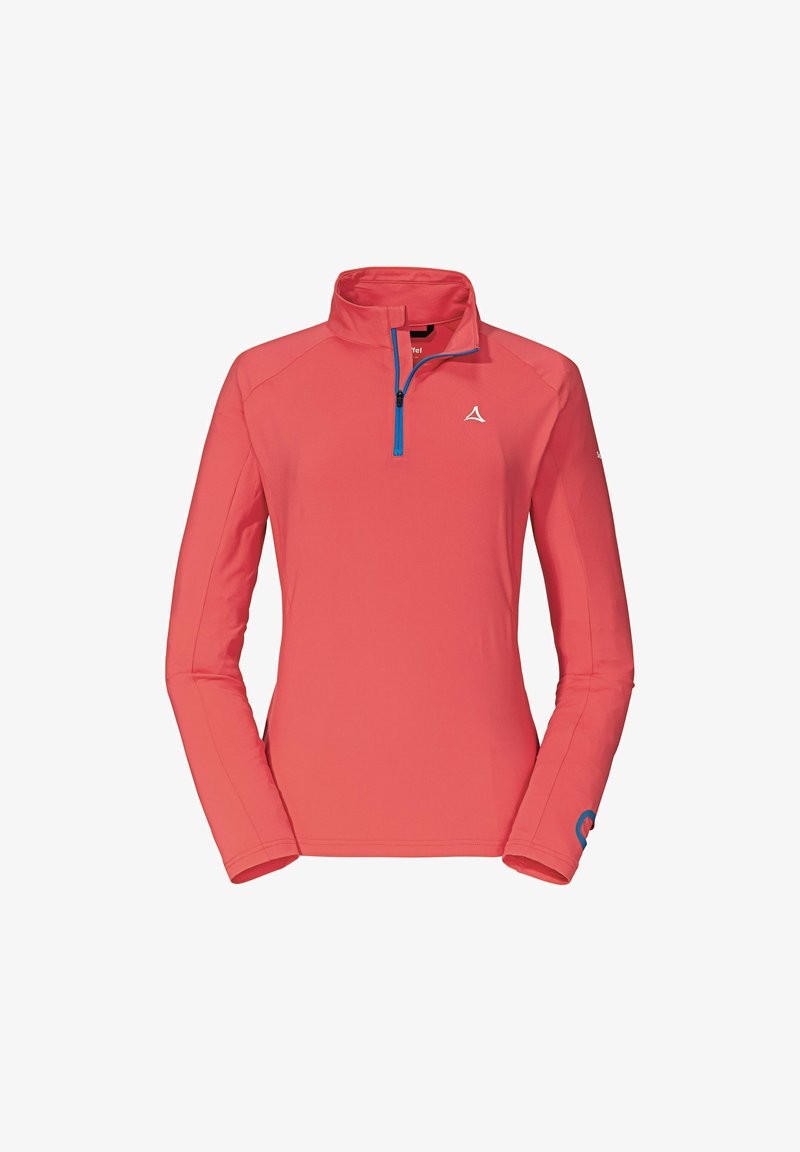 Rode pullover met lange mouwen en ritskraag, blauwe rits en logo-accenten. Glad stofoppervlak, getailleerd ontwerp, geschikt voor sportieve kleding.