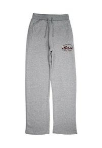 Pantalon de survêtement gris en tissu doux, avec taille à cordon, deux poches latérales et un logo rouge foncé sur la cuisse gauche.