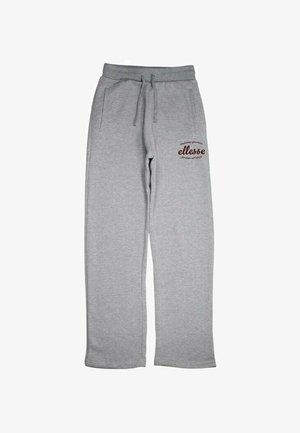 Pantalon de survêtement gris en tissu doux, avec taille à cordon, deux poches latérales et un logo rouge foncé sur la cuisse gauche.