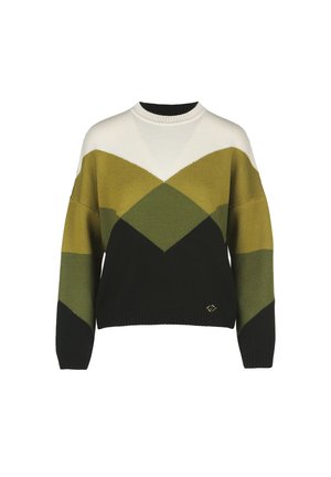 Pulover tricotat cu un design geometric în culorile verde, verde închis, alb și negru. Guler și tiv cu nervuri. Detaliu cu logo auriu.