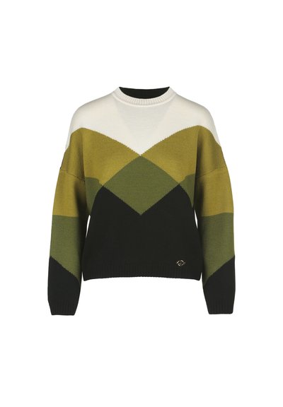 Pulover tricotat cu un design geometric în culorile verde, verde închis, alb și negru. Guler și tiv cu nervuri. Detaliu cu logo auriu.