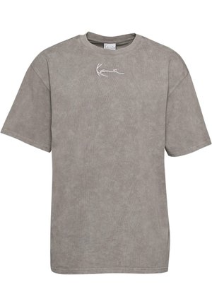 Gray short-sleeve T-shirt made from soft cotton, featuring a crew neck and a subtle white signature logo printed on the chest.