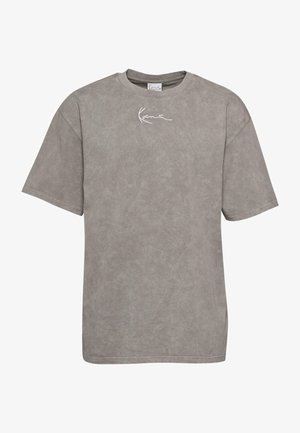 Gray short-sleeve T-shirt made from soft cotton, featuring a crew neck and a subtle white signature logo printed on the chest.