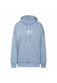 Ljusblå hoodie med framficka, långa ärmar, dragsko i huvan och en vit logotyp i form av tre bladliknande figurer på bröstet.