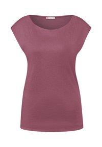 Haut sans manches mauve pour femme avec larges emmanchures et encolure ronde, en tissu doux et léger, vue de face.