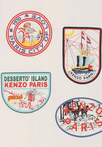 Quatre patchs colorés présentant des motifs : un chérubin, un bateau, des images tropicales et un paysage, tous étiquetés avec "Kenzo Paris" et d'autres textes.