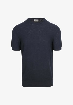 Navy blue short-sleeve knit sweater with a crew neckline, made of soft, lightweight fabric featuring a smooth texture and minimal detailing.