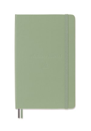 Light green hardcover wellness journal with elastic band closure and two ribbon bookmarks, closed and viewed from the front.