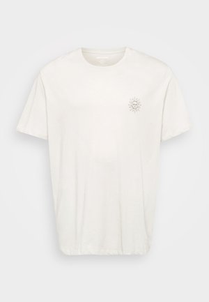 Short-sleeve, crew-neck t-shirt in off-white cotton. Features a small sun graphic on the left chest. Soft texture, relaxed fit.