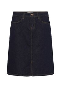 Tamsiai mėlynas džinsinis sijonas tiesiu kirpimu, su priekinėmis kišenėmis ir matomais siūlių akcentais. Juosmens srityje yra sagų užsegimas.