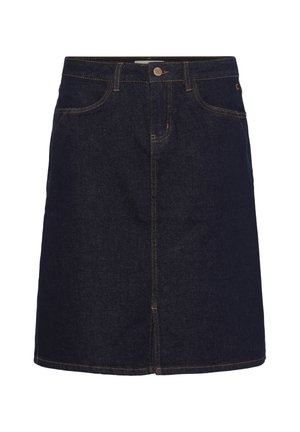 Dunkelblauer Jeansrock mit geradem Schnitt, vorderen Taschen und sichtbaren Nahtakzenten. Verfügt über einen Knopfverschluss an der Taille.