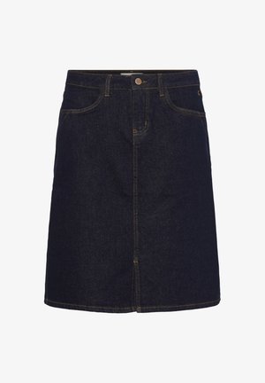 Dunkelblauer Jeansrock mit geradem Schnitt, vorderen Taschen und sichtbaren Nahtakzenten. Verfügt über einen Knopfverschluss an der Taille.