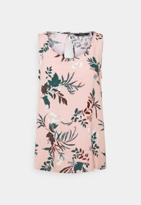 Top floreale senza maniche in rosa chiaro, con motivi di foglie verdi e bordeaux, dotato di scollatura rotonda e dettaglio a occhiello sul retro.