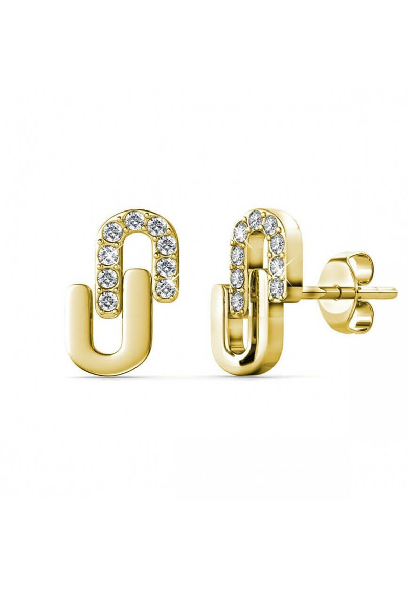 Gouden oorbellen in de vorm van een paperclip, met een gladde afwerking en versierd met heldere cubic zirconia langs de bovenrand.