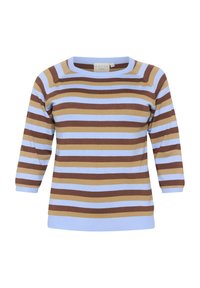 Striped pullover sweater featuring light blue, brown, and beige horizontal stripes. Long sleeves and ribbed cuffs, round neckline.
