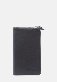 Svart läderplånbok med strukturerad yta, dragkedjestängning och präglad logotyp. Rektangulär form, kompakt design.