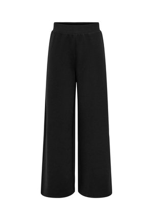 Melnas plašās bikses ar elastīgu jostu, bez redzamām kabatām vai rotājumiem, attēlotas uz balta fona.