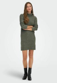 Abito in maglia verde oliva con collo alto, maniche lunghe e orlo a costine; abbinato a stivaletti neri alla caviglia.