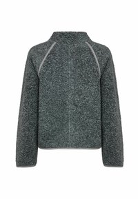 Sötétszürke, hosszú ujjú, texturált polárdzseki magas gallérral és finom varrásdíszítéssel a háton és az ujjakon.