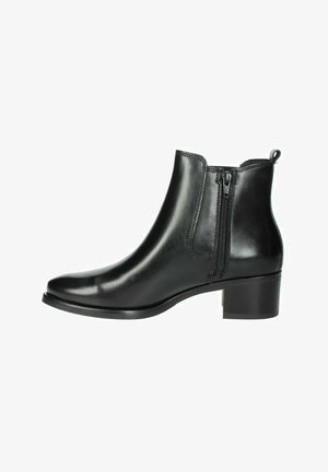 Stivaletti neri realizzati in pelle liscia, con zip laterale, punta arrotondata e tacco a blocco basso. Design semplice e lineare senza decorazioni.