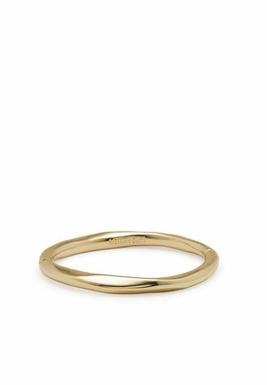 Bracelet jonc métallique lisse de couleur dorée avec un design torsadé subtil et une gravure "Massimo Dutti" à l'intérieur.