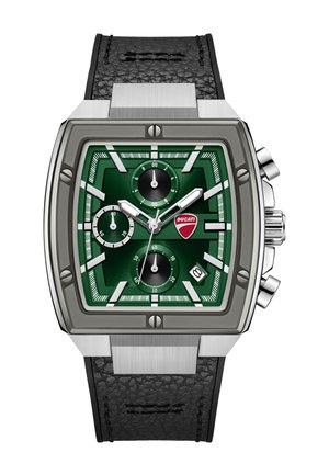 Čtvercové hodinky z nerezové oceli se zeleným ciferníkem, třemi černými subciferníky, bílými indexy, okénkem s datem, logem Ducati a černým koženým páskem s texturou.