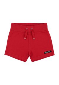Rode shorts van katoen, met een dikke elastische tailleband met trekkoord en een klein zwart logo-label op de rechteronderzijde.