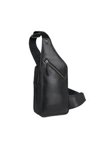 Borsa a tracolla nera in pelle con una finitura liscia, dotata di tasca con zip frontale, tracolla regolabile e tasche laterali per ulteriore spazio di stoccaggio.