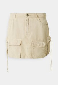 Khaki cargohame made of lightweight fabric, featuring two large front pockets, drawstrings at the sides, and a button closure.