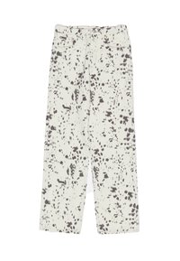 Pantalones de pierna ancha de color claro con un patrón gris moteado. Fabricados en denim, presentan un cierre con botón y bolsillos frontales.