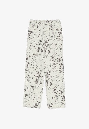 Pantalons large de couleur claire avec un motif gris moucheté. Fabriqués en denim, dotés d'une fermeture à bouton et de poches avant.