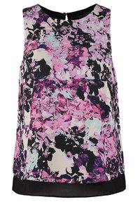 Květinový top bez rukávů se vzorem v růžové, černé a bílé barvě, hladkou texturou a kontrastním černým lemem s uzávěrem na krku ve tvaru klíčové dírky.