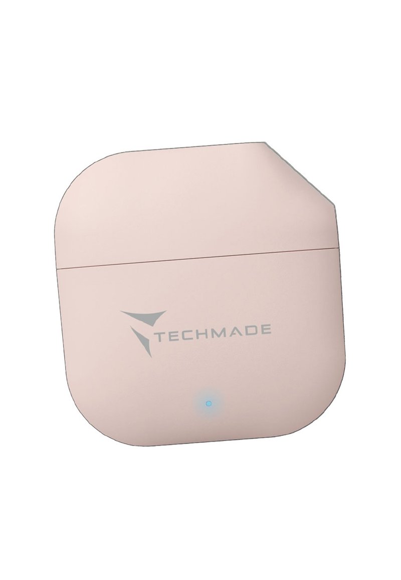 Boîtier de chargement Techmade, rectangulaire avec des bords arrondis, finition rose doux. Comprend un indicateur LED bleu et un logo gris à l'avant.