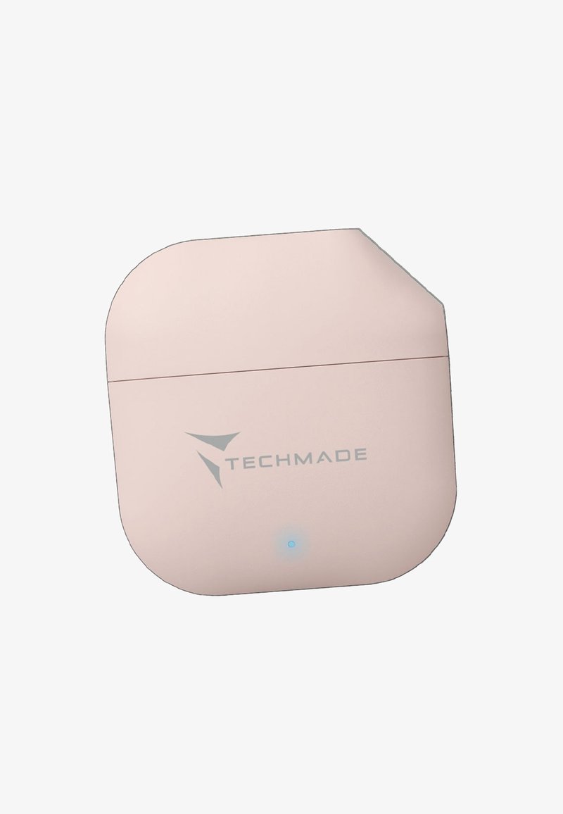 Custodia di ricarica Techmade, rettangolare con bordi arrotondati, finitura rosa pallido. Presenta un indicatore LED blu e un logo grigio sul davanti.