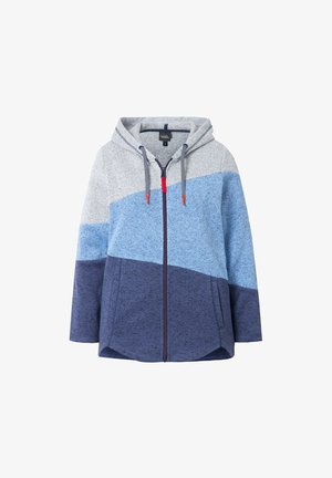 Huppari, jossa on vetoketju edessä, valmistettu paksusta kankaasta. Ominaisuuksia värieste-suunnittelu, jossa on harmaan, vaaleansinisen ja tummansinisen osia. Korostettu punaisella vetoketjun nyörellä.