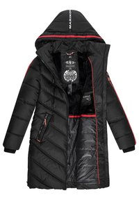 Padded black coat with a hood, featuring red accent stripes, zippered pockets, and a soft, textured interior. Diamond quilted design.