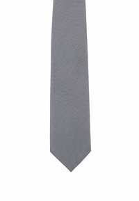 Grau geflochtene Krawatte mit einer strukturierten Oberfläche und subtilen vertikalen Streifen. Das Design ist schmal mit einer spitzen Spitze.