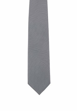 Grau geflochtene Krawatte mit einer strukturierten Oberfläche und subtilen vertikalen Streifen. Das Design ist schmal mit einer spitzen Spitze.