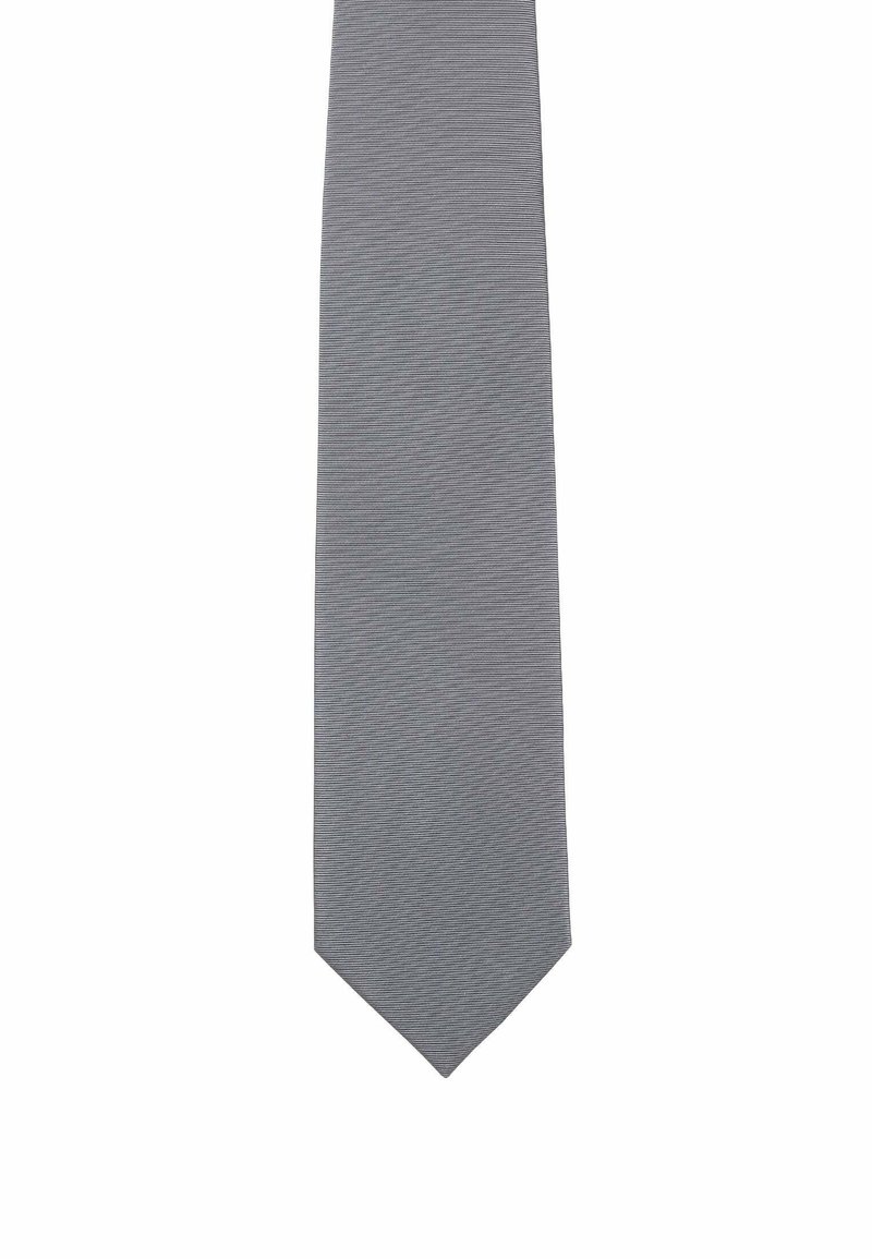 Grau geflochtene Krawatte mit einer strukturierten Oberfläche und subtilen vertikalen Streifen. Das Design ist schmal mit einer spitzen Spitze.