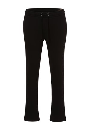 Pantaloni sportivi neri realizzati in tessuto morbido, con cintura elastica e cordoncino regolabile, e gambe svasate. Logo discreto sul lato.