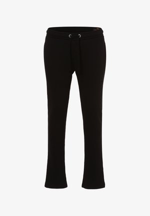 Čierne tepláky vyrobené z mäkkej tkaniny, s elastickým pásom a šnúrkou na stiahnutie, s širokými nohavicami. Diskrétny branding na strane.