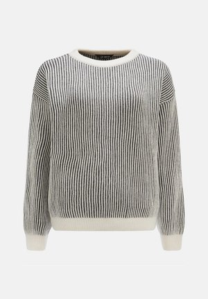 Sweter dzianinowy z okrągłym dekoltem, z czarno-białymi pionowymi paskami, ściągaczami na rękawach i miękką fakturą.