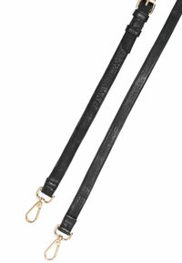 Czarny skórzany pasek o gładkiej fakturze, z metalowymi elementami w złotym odcieniu i zapięciem na klamrę w kształcie homara na obu końcach.