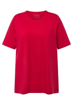 Rode T-shirt met korte mouwen, voorzien van een ronde hals, gemaakt van een soepel materiaal met een comfortabele pasvorm en zonder patronen of versieringen.