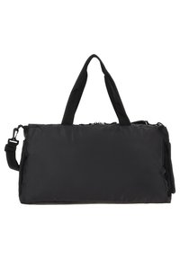 Bolsa de deporte de nylon negra con dos asas superiores resistentes, una correa de hombro desmontable y un bolsillo lateral texturizado para almacenamiento adicional.